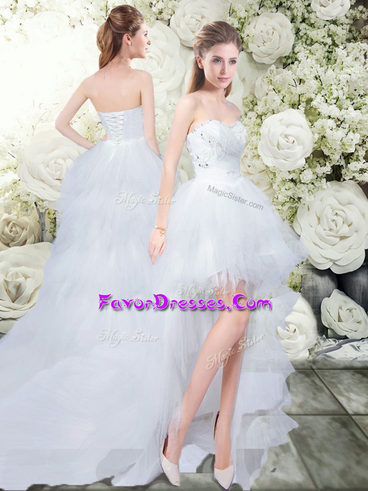 Spectacular White A-line Beading and Ruffles Wedding Dresses Lace Up Tulle Sleeveless High Low