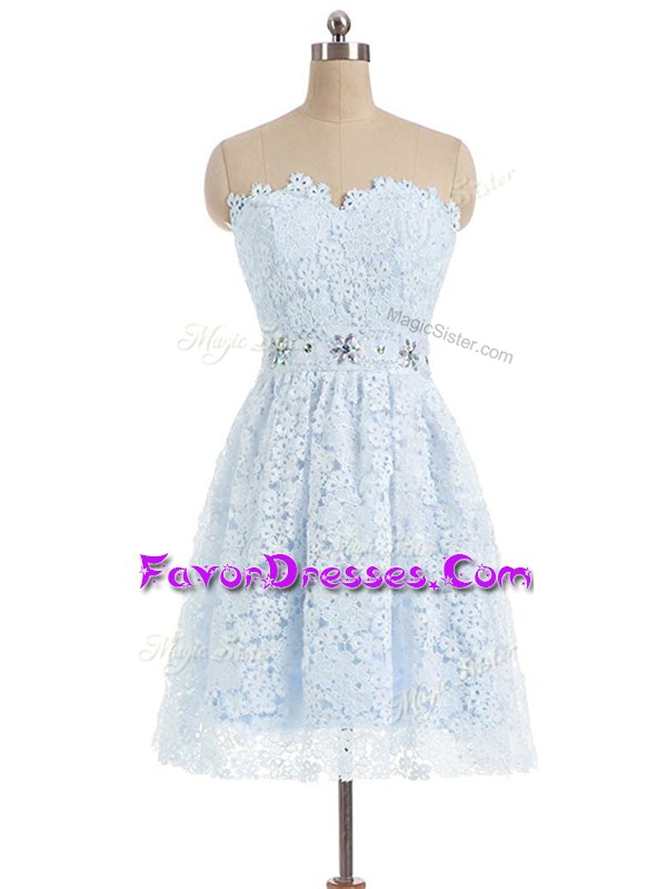 Custom Design Beading and Lace and Appliques Prom Gown Light Blue Zipper Sleeveless Mini Length