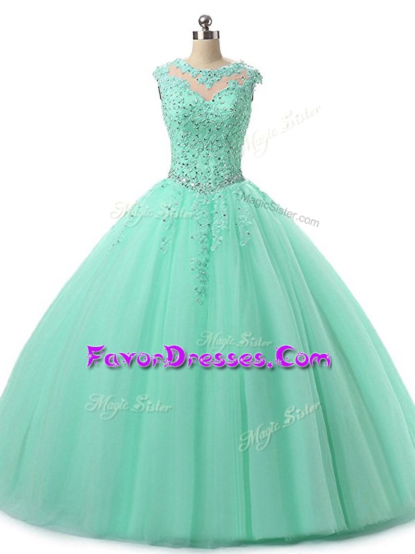  Apple Green Scoop Lace Up Beading and Lace Sweet 16 Dress Sleeveless