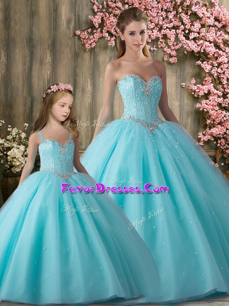  Aqua Blue Tulle Lace Up Ball Gown Prom Dress Sleeveless Floor Length Beading