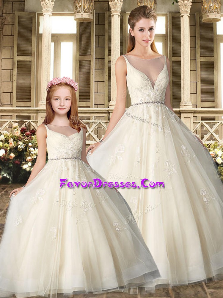 Most Popular White Tulle Lace Up Vestidos de Quinceanera Sleeveless Floor Length Beading and Appliques and Embroidery