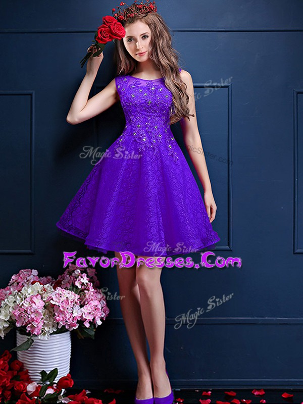 Designer Purple Lace Up Bateau Beading and Lace Bridesmaid Dress Tulle Sleeveless