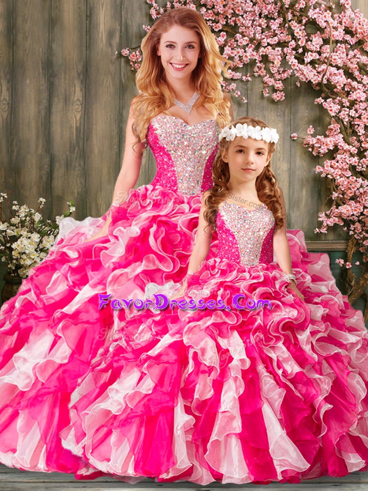  Floor Length Lace Up Quinceanera Gown Hot Pink for Military Ball and Sweet 16 and Quinceanera with Beading and Ruffles
