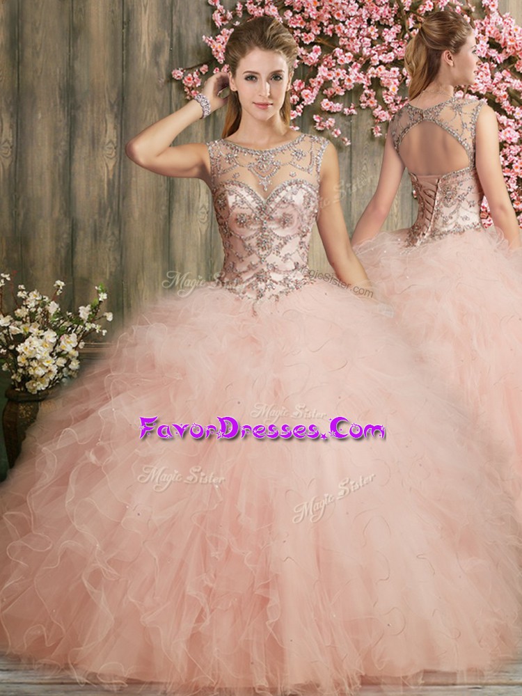  Baby Pink Sleeveless Floor Length Beading and Ruffles Lace Up Quinceanera Dresses