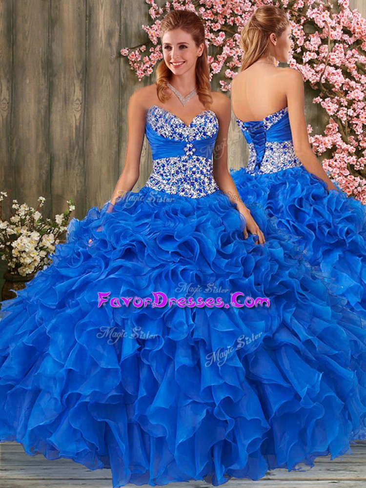  Organza Sweetheart Sleeveless Lace Up Beading and Ruffles Quince Ball Gowns in Royal Blue