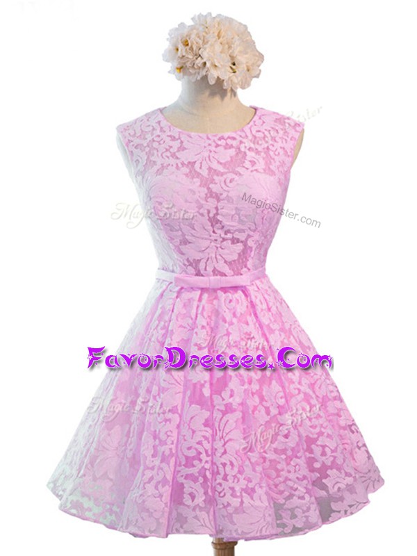 Artistic Lilac A-line Belt Bridesmaids Dress Lace Up Lace Sleeveless Knee Length