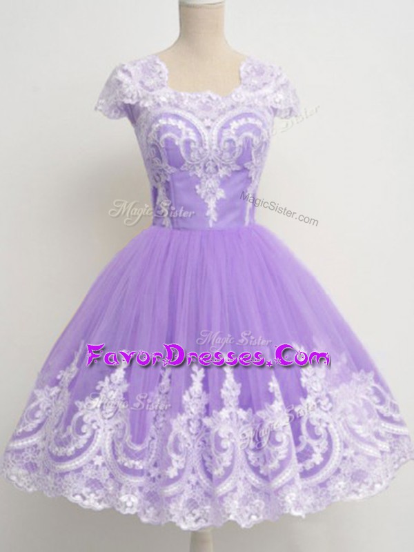 Great A-line Bridesmaids Dress Lavender Square Tulle Sleeveless Knee Length Zipper