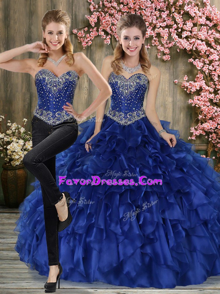  Sweetheart Sleeveless Sweet 16 Dresses Floor Length Beading and Ruffles Blue Organza