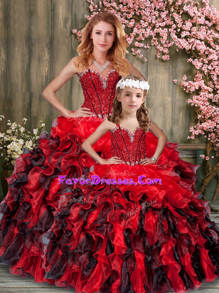 Customized Sweetheart Sleeveless 15th Birthday Dress Floor Length Beading and Ruffles Red And Black Organza