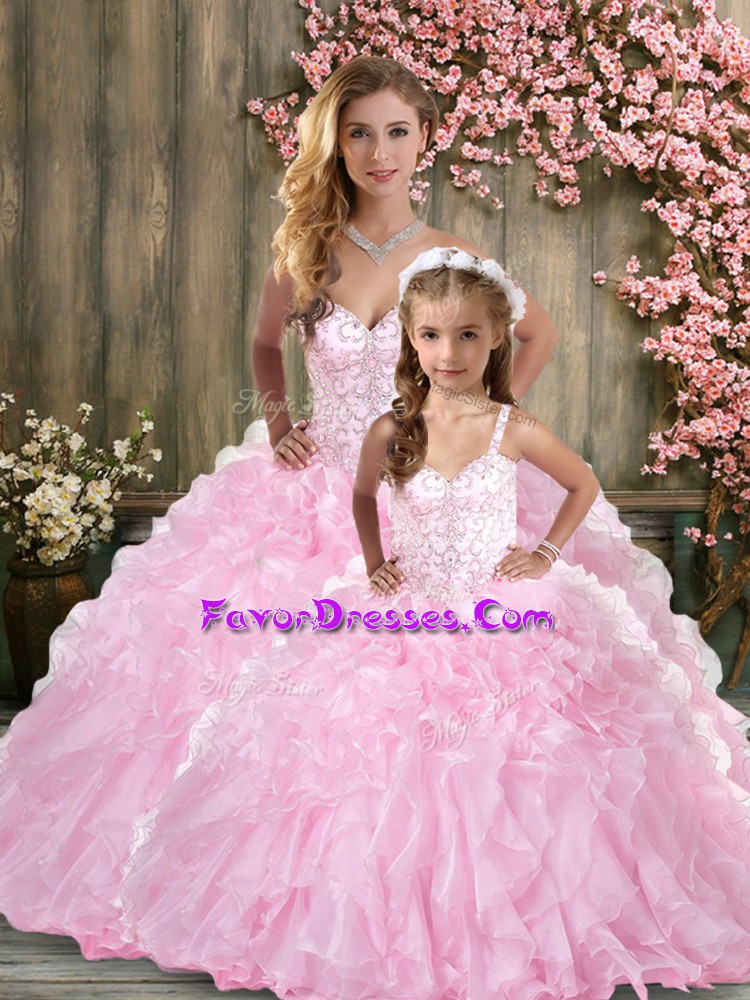  Sleeveless Organza Floor Length Lace Up Quinceanera Gown in Rose Pink with Beading and Ruffles