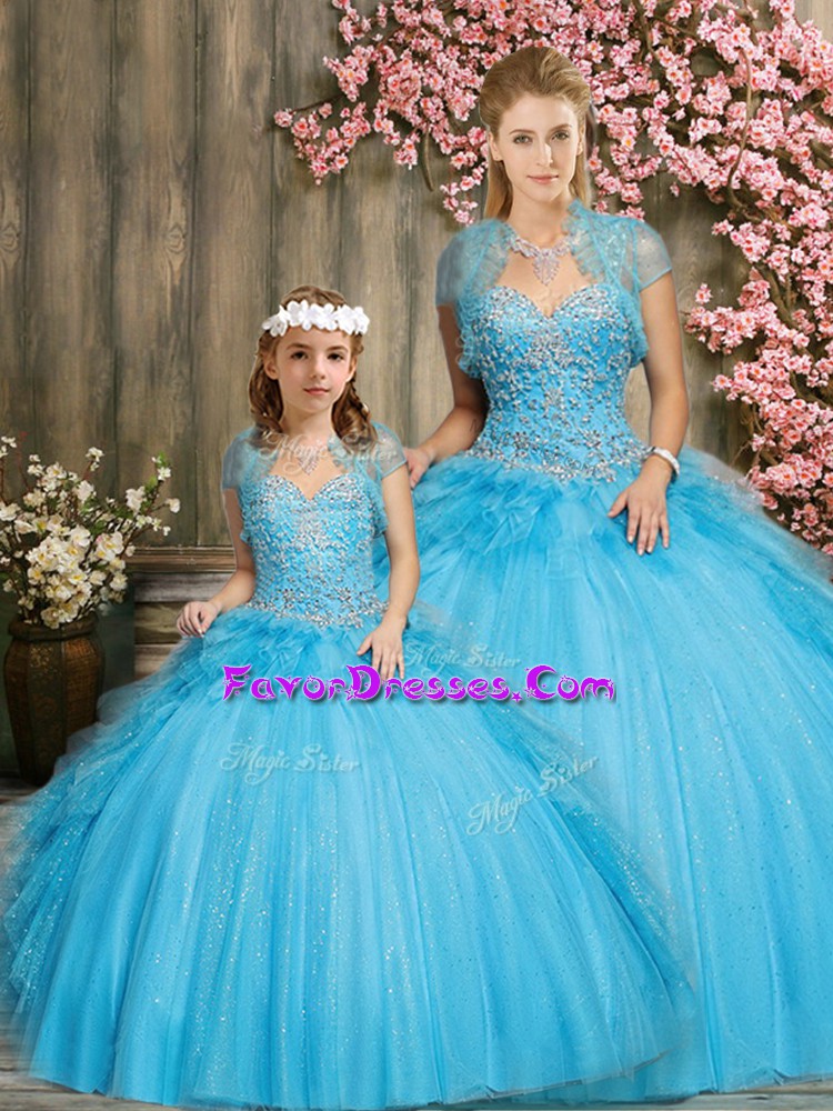  Aqua Blue Sweetheart Neckline Beading Quinceanera Gowns Sleeveless Lace Up