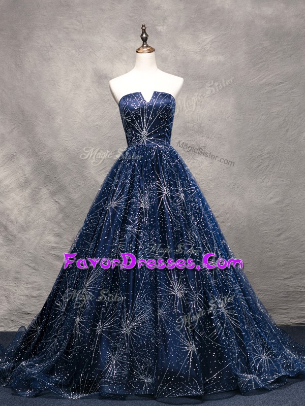 Free and Easy Navy Blue Sleeveless Beading Lace Up Prom Party Dress