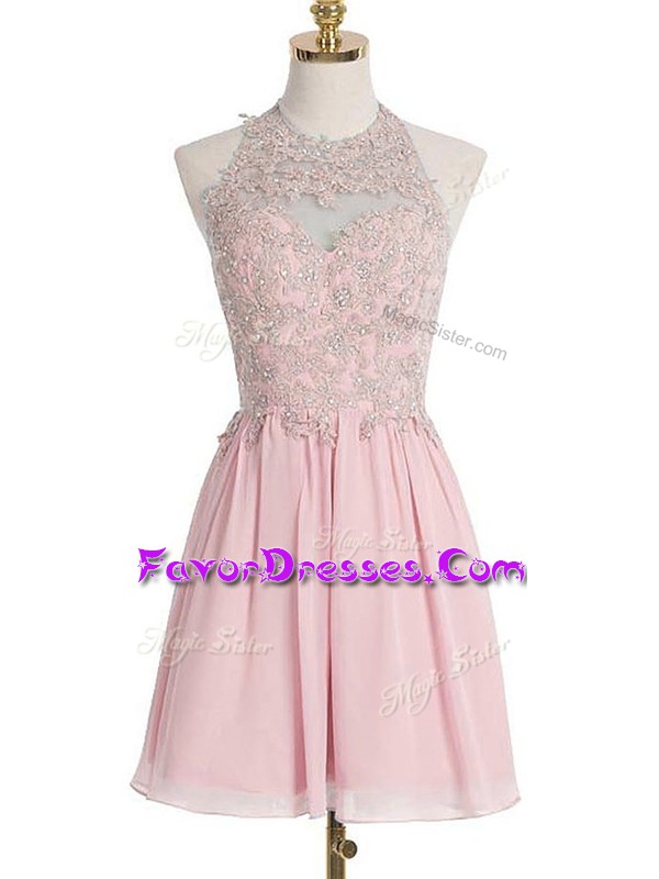  Appliques Wedding Guest Dresses Pink Lace Up Sleeveless Knee Length