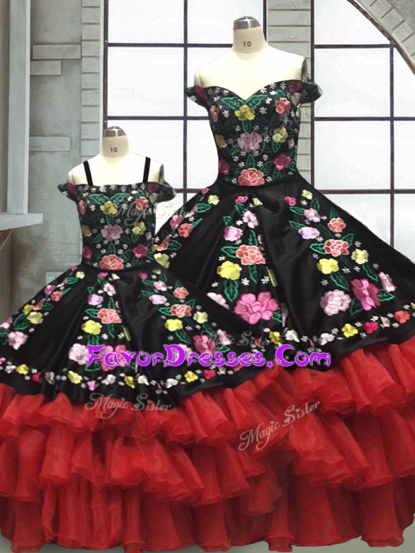 Unique Red And Black Ball Gowns Embroidery and Ruffled Layers Sweet 16 Quinceanera Dress Lace Up Organza and Taffeta Sleeveless Floor Length
