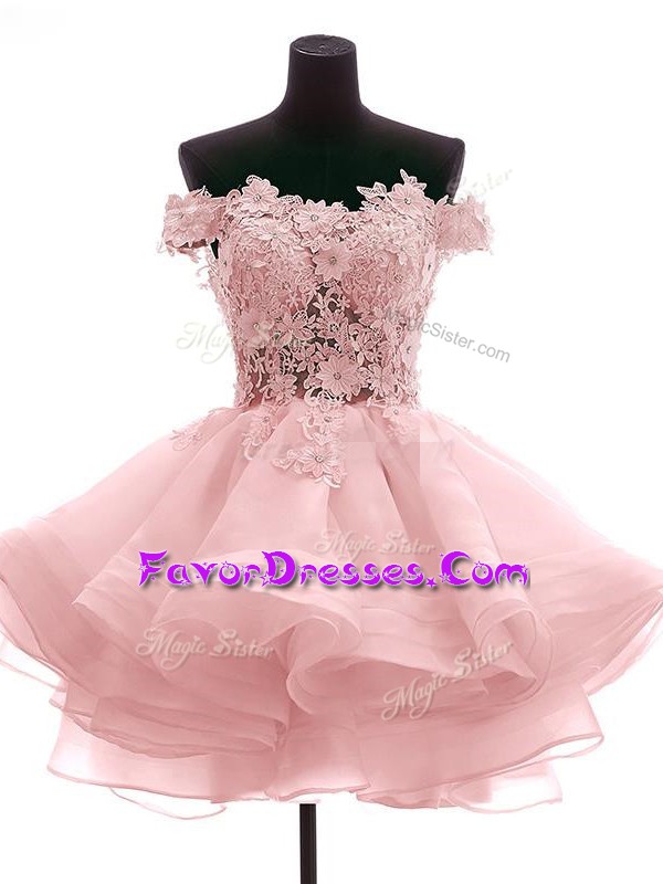 Romantic Pink A-line Off The Shoulder Sleeveless Taffeta Mini Length Zipper Lace and Appliques and Ruffles Hoco Dress