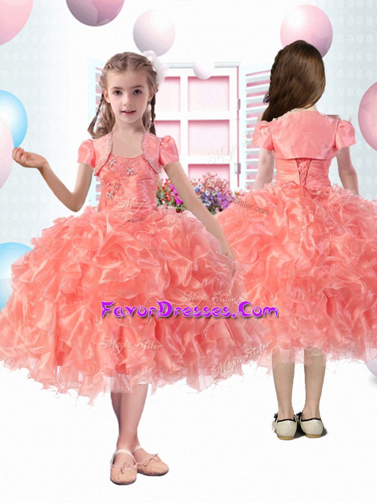  Watermelon Red Sleeveless Tea Length Beading and Ruffles Lace Up Child Pageant Dress