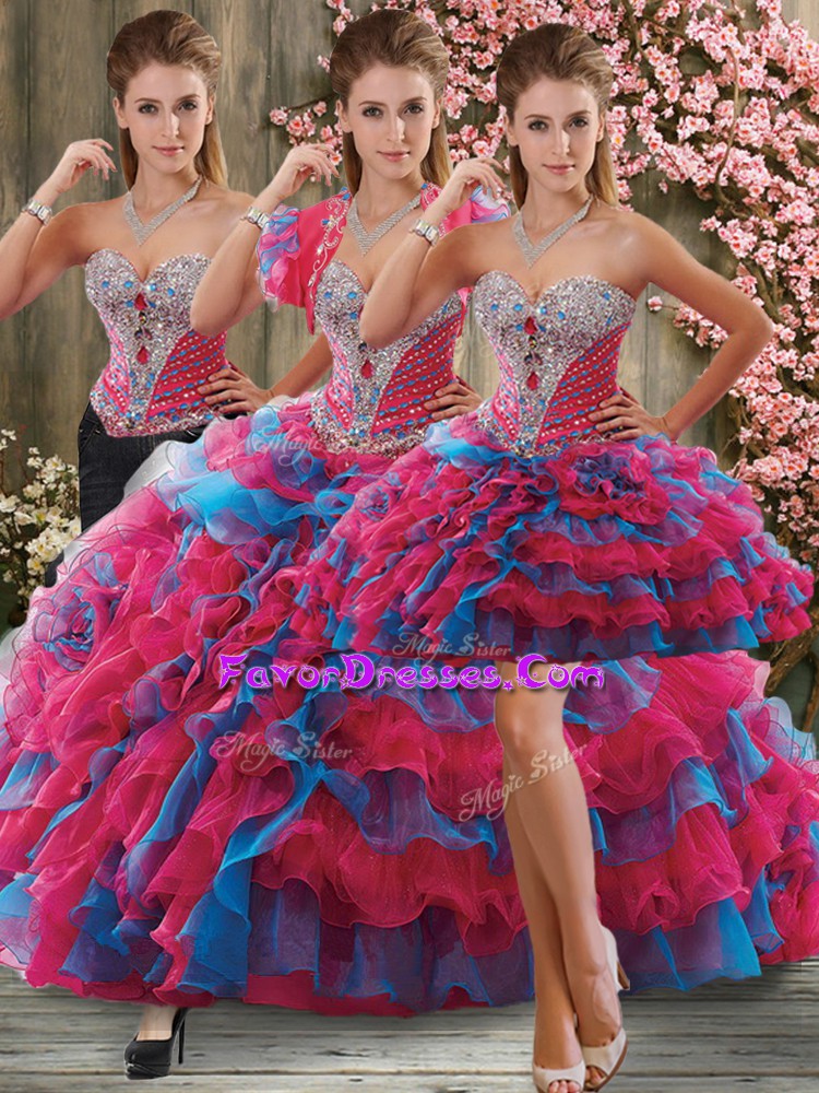 Affordable Brush Train Three Pieces Quince Ball Gowns Multi-color Sweetheart Organza Sleeveless Lace Up