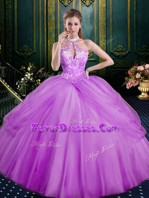  Sleeveless Tulle Floor Length Lace Up Ball Gown Prom Dress in Lilac with Beading and Pick Ups