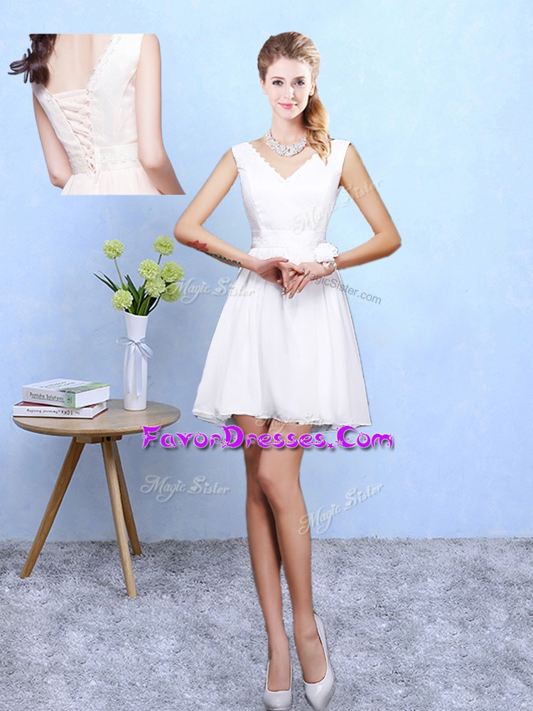  Mini Length White Dama Dress V-neck Sleeveless Lace Up