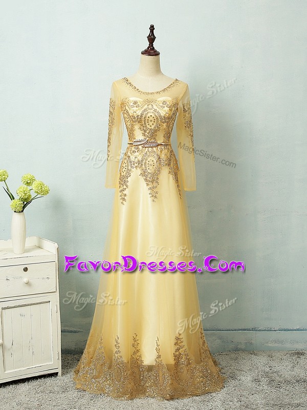 High Class Yellow Scoop Zipper Beading and Appliques and Belt Formal Evening Gowns Long Sleeves