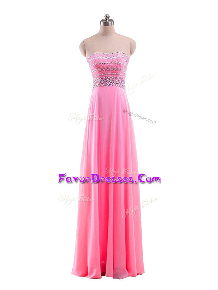  Sleeveless Chiffon Floor Length Zipper Prom Gown in Rose Pink with Beading