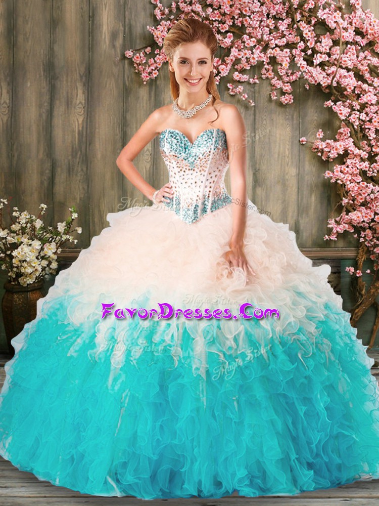 Clearance Blue And White Sleeveless Organza Lace Up Ball Gown Prom Dress for Military Ball and Sweet 16 and Quinceanera