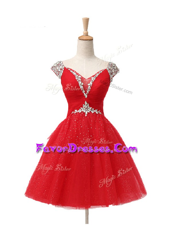  Cap Sleeves Mini Length Beading and Sequins Lace Up with Red