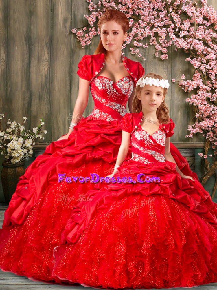 Traditional Red Sleeveless Floor Length Beading and Ruffles Lace Up Quinceanera Gown
