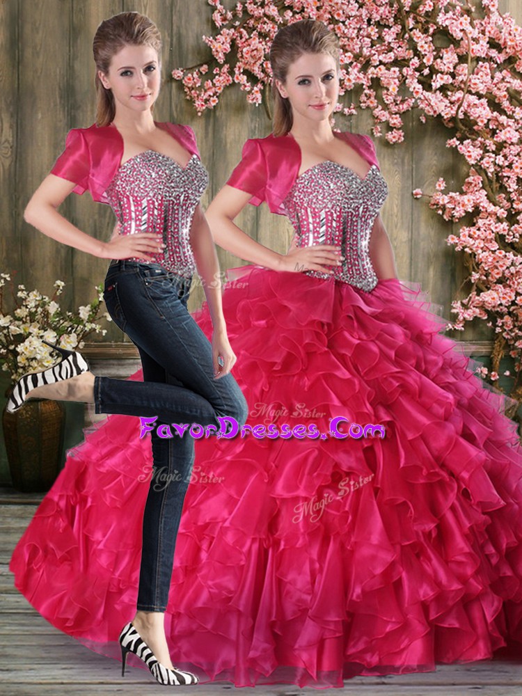 Captivating Hot Pink 15 Quinceanera Dress Military Ball and Sweet 16 and Quinceanera with Beading and Ruffles Sweetheart Sleeveless Lace Up