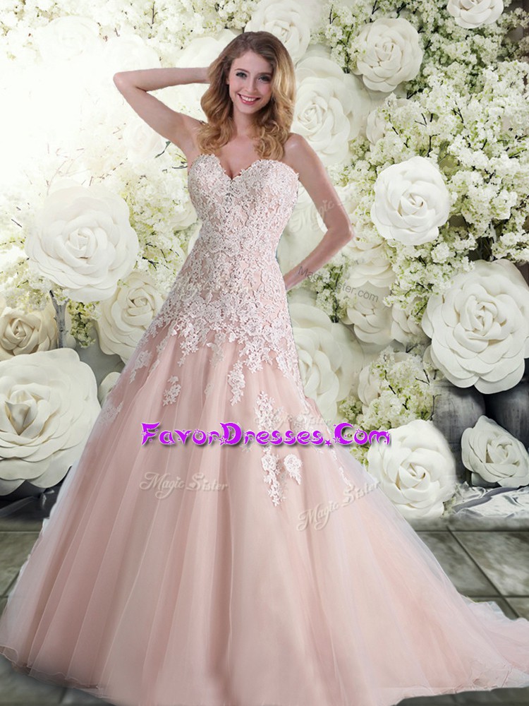 Sleeveless Lace Clasp Handle Wedding Dresses with Pink Brush Train