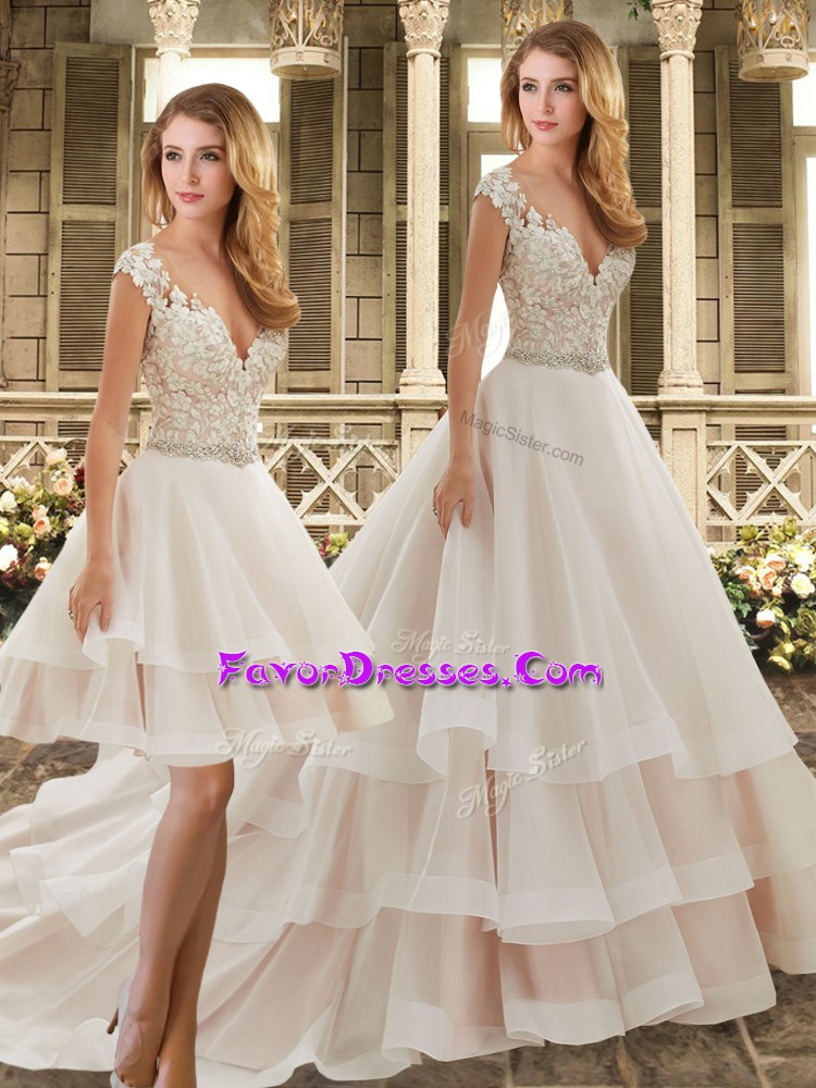  Brush Train Two Pieces Wedding Dresses Champagne V-neck Tulle Cap Sleeves Clasp Handle