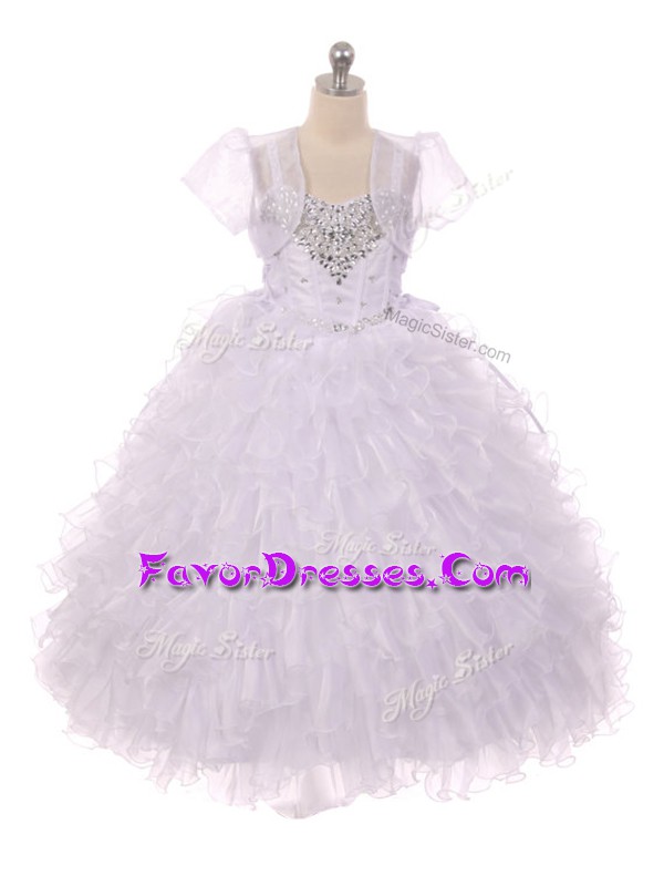 Unique White Ball Gowns Beading and Ruffles Little Girls Pageant Dress Lace Up Organza Sleeveless Floor Length