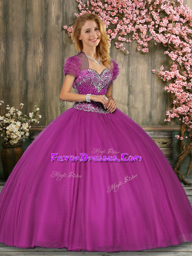 Superior Fuchsia Ball Gowns Taffeta Sweetheart Sleeveless Beading Floor Length Lace Up Quinceanera Gown