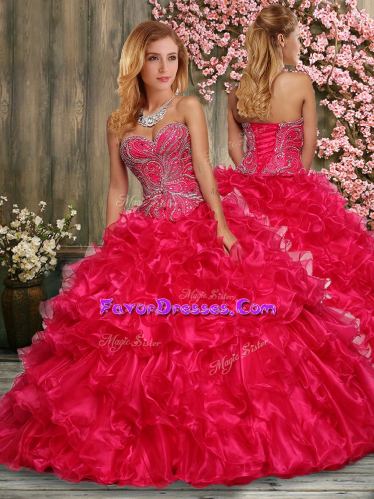  Hot Pink Lace Up Quinceanera Gowns Beading and Ruffles Sleeveless Floor Length