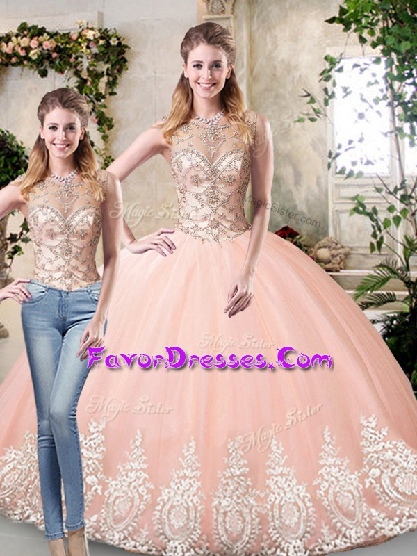 Attractive Peach Ball Gown Prom Dress Prom and Party and Military Ball and Sweet 16 and Quinceanera with Beading and Lace and Appliques Scoop Sleeveless Lace Up