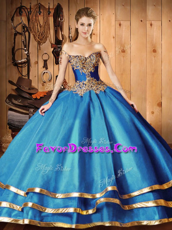  Blue Long Sleeves Organza Brush Train Lace Up Quinceanera Gowns for Military Ball and Sweet 16 and Quinceanera