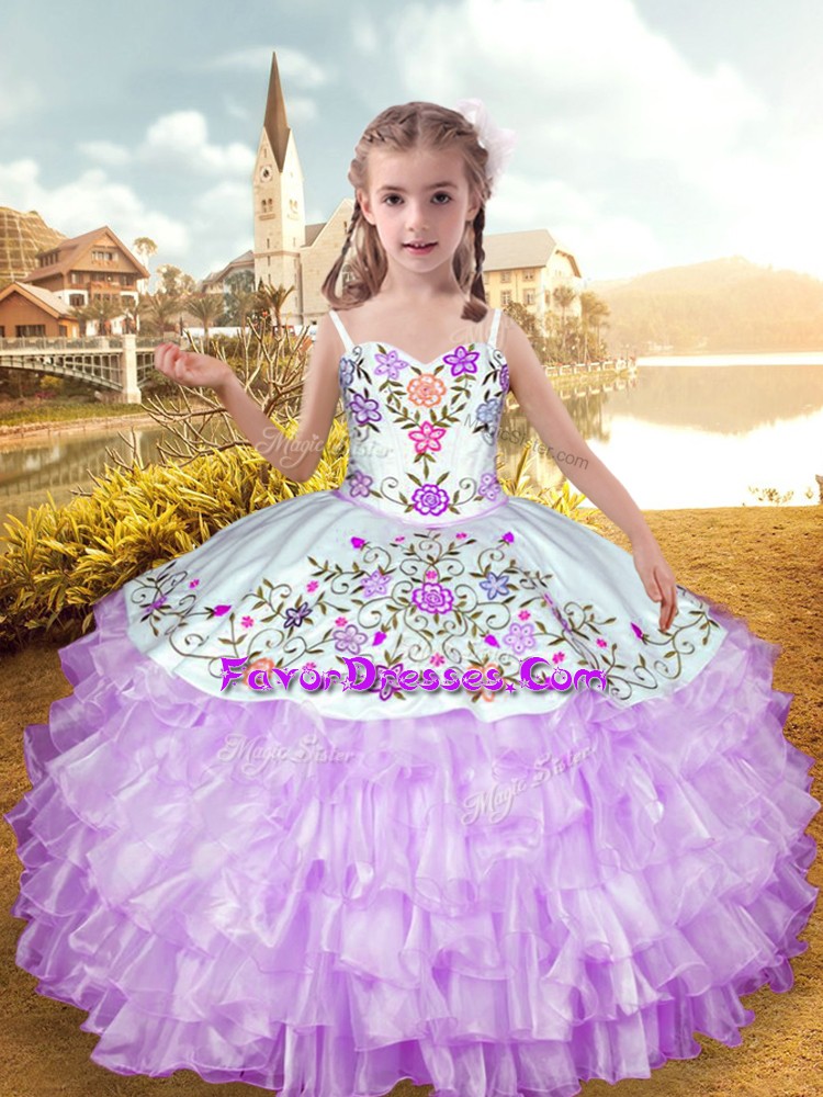  Lilac Organza and Taffeta Lace Up Straps Sleeveless Floor Length Kids Formal Wear Embroidery and Ruffled Layers