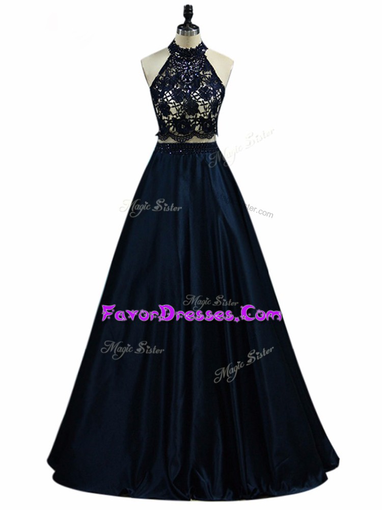 Noble Sleeveless Taffeta Floor Length Zipper Dress for Prom in Navy Blue with Lace and Appliques