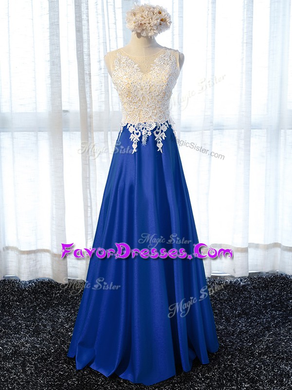 Captivating Sleeveless Floor Length Lace and Appliques Zipper Prom Dress with Royal Blue