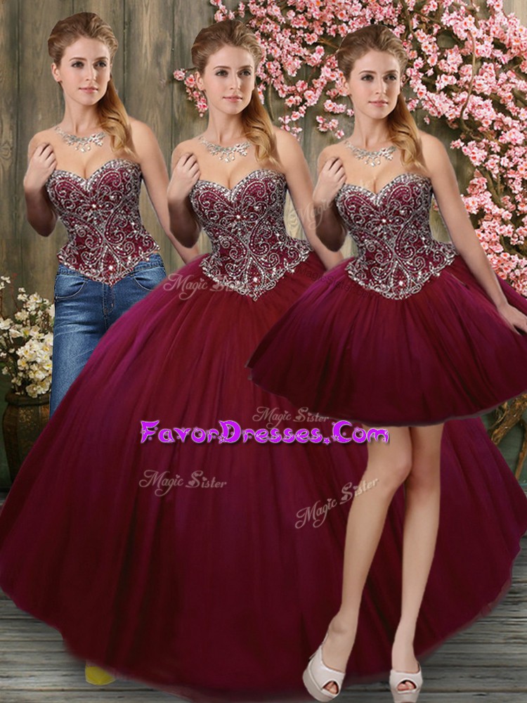Edgy Sleeveless Floor Length Beading Lace Up Quince Ball Gowns with Burgundy