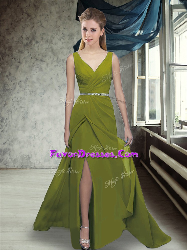  Olive Green Zipper Bridesmaid Dresses Beading Sleeveless Brush Train