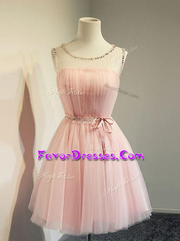  Baby Pink Lace Up Bridesmaids Dress Belt Long Sleeves Knee Length