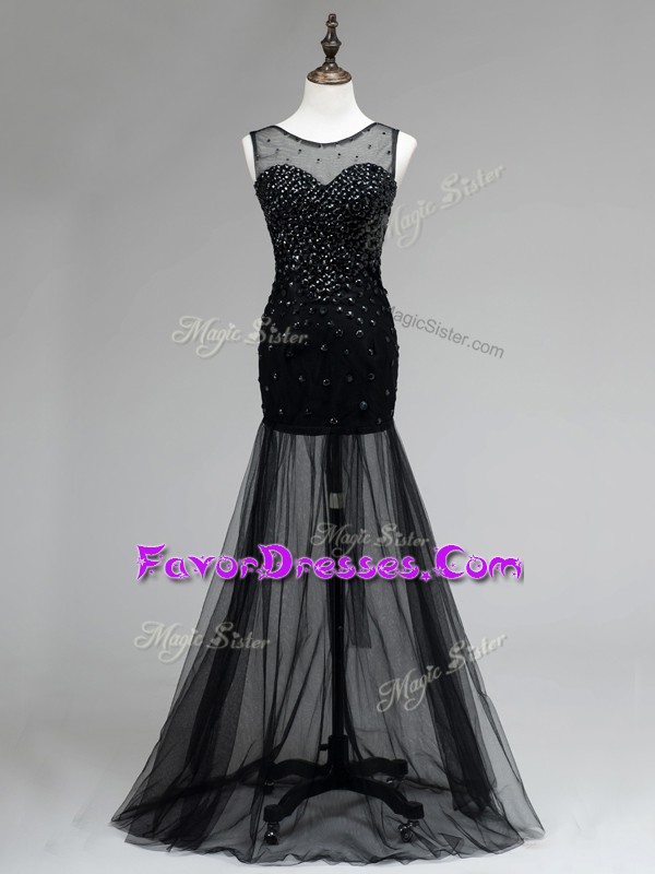  Sleeveless Floor Length Beading Backless Prom Evening Gown with Black