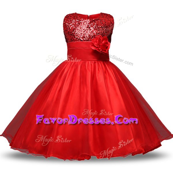  Scoop Sleeveless Organza and Sequined Toddler Flower Girl Dress Bowknot and Belt and Hand Made Flower Zipper