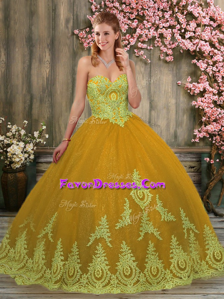  Gold Tulle Lace Up Sweetheart Sleeveless 15 Quinceanera Dress Brush Train Appliques