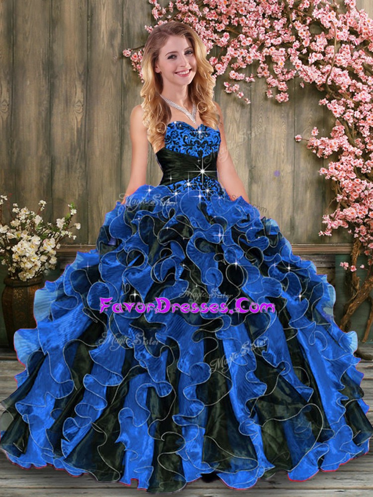  Ball Gowns Sweet 16 Dress Blue And Black Sweetheart Organza Sleeveless Floor Length Lace Up