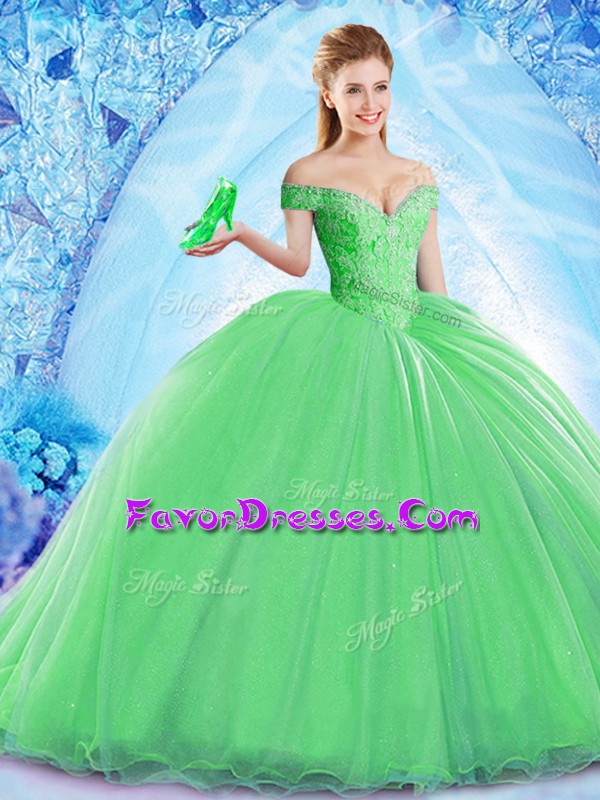 Eye-catching Green Sleeveless Organza Brush Train Lace Up 15th Birthday Dress for Military Ball and Sweet 16 and Quinceanera