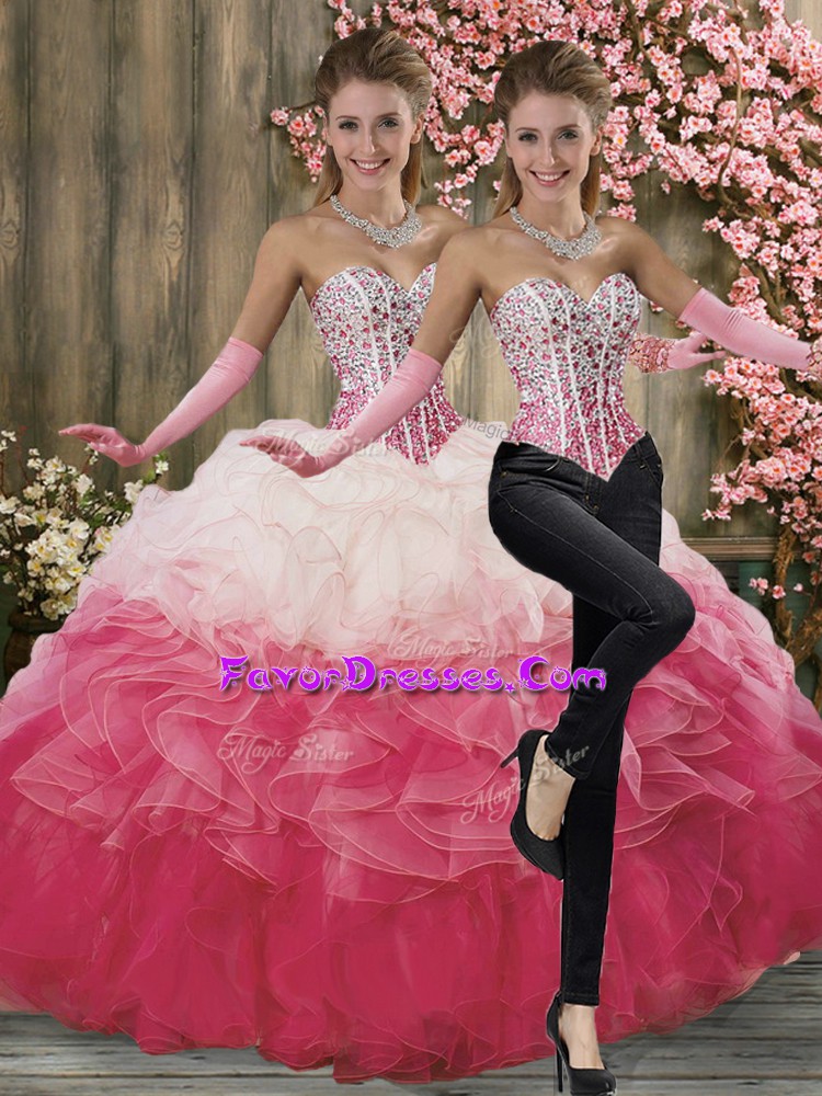  Floor Length Lace Up Quinceanera Dress White And Red for Military Ball and Sweet 16 and Quinceanera with Beading and Ruffles