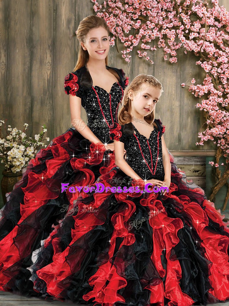  Sweetheart Sleeveless Lace Up 15 Quinceanera Dress Red And Black Organza