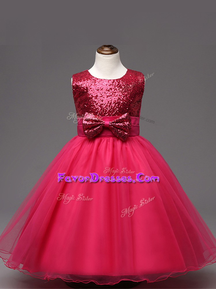  Tea Length Zipper Pageant Gowns For Girls Hot Pink for Wedding Party with Sequins and Bowknot